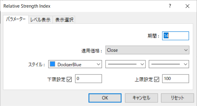 RSIの設定ウインドウの「OK」をクリック