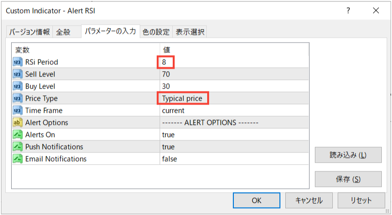 Alert RSIの設定ウィンドウのデフォルト値